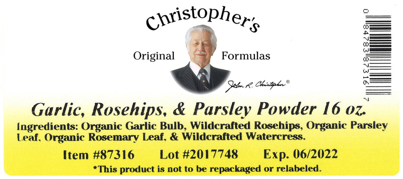 Garlic Rosehip & Parsley Powder Label